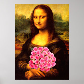 Mona Lisa med Bouquet-Rosa ros Poster