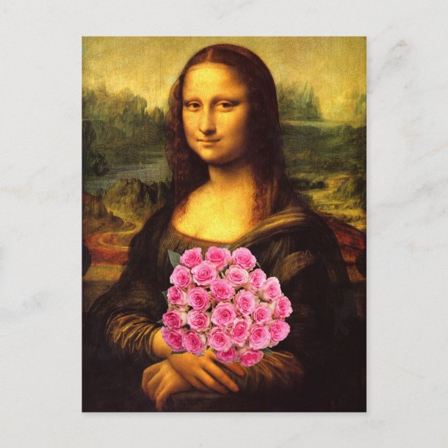 Mona Lisa med Bouquet-Rosa ros Vykort (Framsida)
