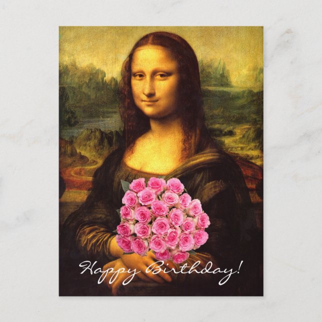 Mona Lisa med Bouquet-Rosa ros Vykort (Framsida)