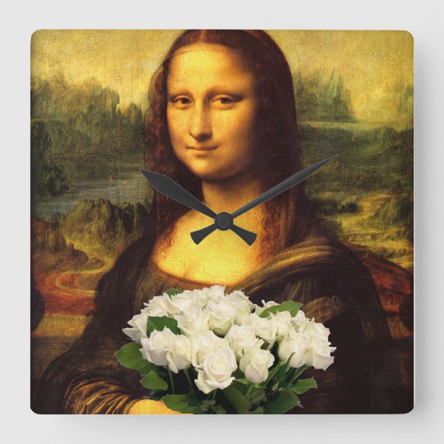 Mona Lisa med Bouquet-Vit ros Fyrkantig Klocka (Framsida)