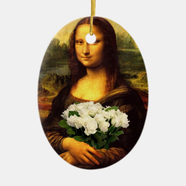 Mona Lisa med Bouquet-Vit ros Julgransprydnad Keramik (Framsidan)