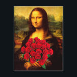 Mona Lisa med bukett röda rosor Vykort<br><div class="desc">Röd ros är en symbol för kärlek,  skönhet,  mod och respekt,  romantisk kärlek,  gratulationer,  "Jag älskar dig",  "Bra gjort",  uppriktig kärlek,  respekt,  mod & passion</div>