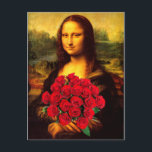 Mona Lisa med bukett röda rosor Vykort<br><div class="desc">Röd ros är en symbol för kärlek,  skönhet,  mod och respekt,  romantisk kärlek,  gratulationer,  "Jag älskar dig",  "Bra gjort",  uppriktig kärlek,  respekt,  mod & passion</div>