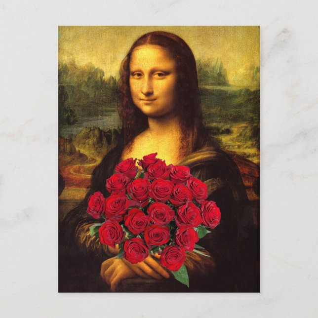Mona Lisa med bukett röda rosor Vykort (Framsida)