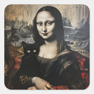 Mona Lisa med Cat Fyrkantigt Klistermärke