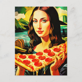 Mona Lisa med en stor bit pizza Vykort