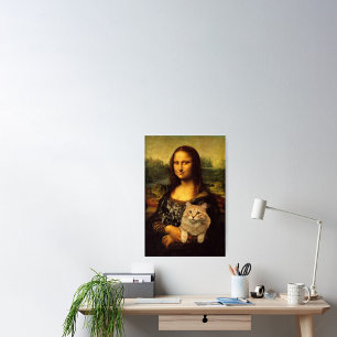 Mona Lisa med hennes katt (Cat päls) Katt djurälsk Poster