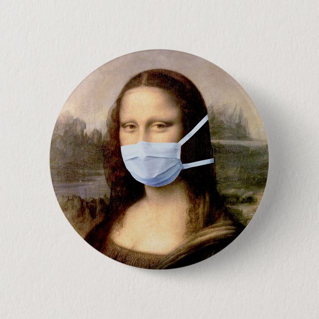 Mona Lisa med mask Da Vinci driver med konsten Knapp (Framsida)