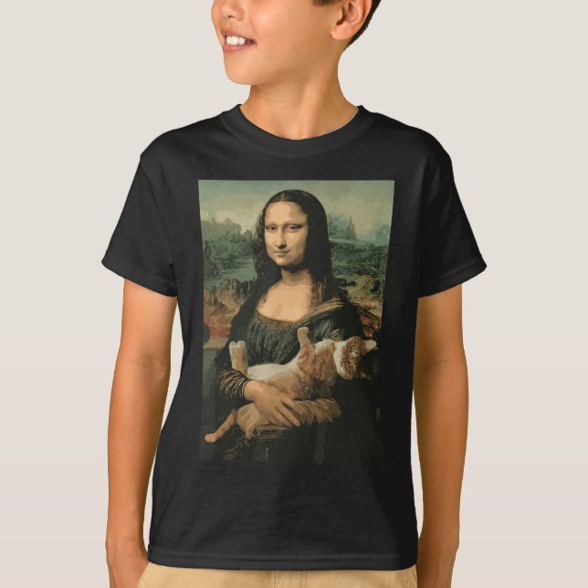 Mona Lisa med Orange Cat Funny Art Painting T Shirt (Framsida)