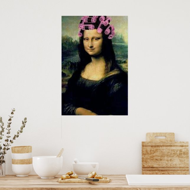 Mona Lisa med rosa hårrullare Leonardo da Vinci Poster (Kök)