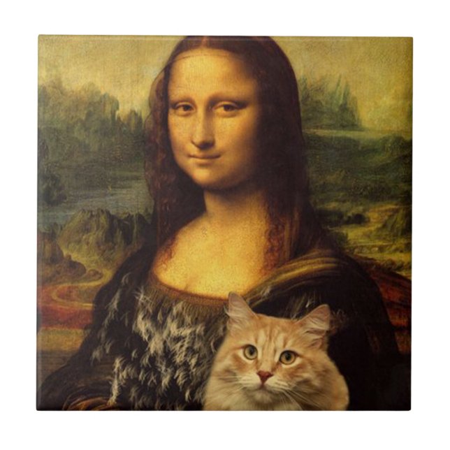 Mona Lisa med sin katt, Cat päls, Cat djurälskare Kakelplatta (Framsidan)