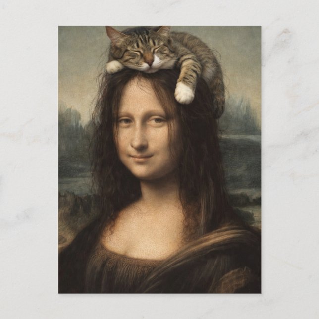 Mona Lisa med sovande katt                        Vykort (Framsida)