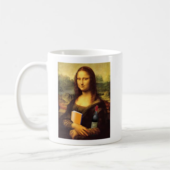 Mona Lisa med vin och bokhumor Kaffemugg (Vänster)
