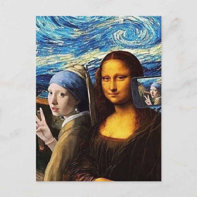 Mona Lisa och en tjej som tar en selfie Vykort (Framsida)