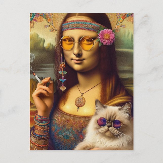 Mona Lisa och hennes Himalayan Cat Smoking Vykort (Framsida)