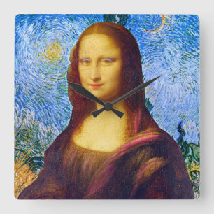Mona Lisa och Van Gogh Fyrkantig Klocka