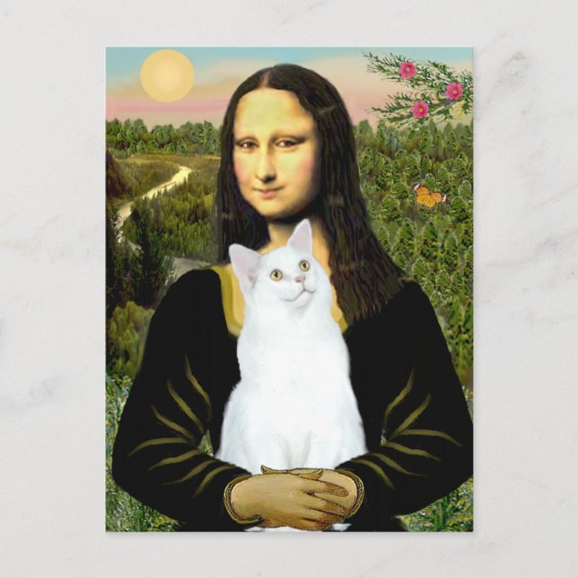 Mona Lisa och vit katt Vykort (Framsida)