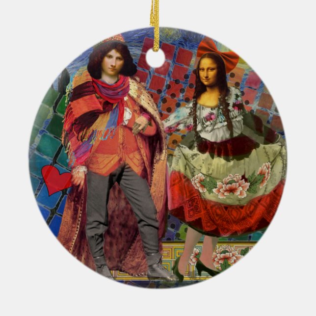 Mona Lisa Romantisk Rolig Färgrik Konstverk Julgransprydnad Keramik (Baksidan)