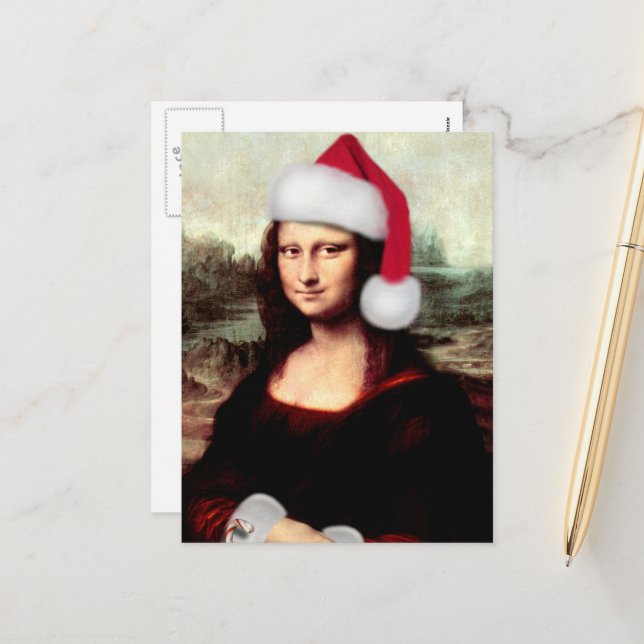 Mona Lisa Santa Hat jul Helg Vykort (Fram/Back In Situ)