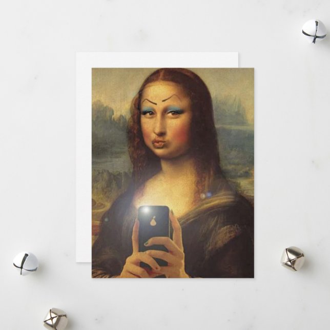 Mona Lisa skapar ett lustigt ansikte med makeup Julkort (Fram/Back In Situ)