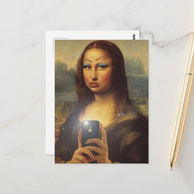 Mona Lisa skapar ett lustigt ansikte med makeup Vykort (Fram/Back In Situ)