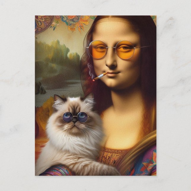 Mona Lisa Smoking och hennes himalayan Cat Vykort (Framsida)