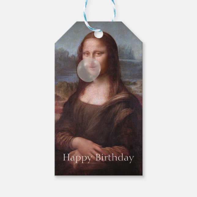 Mona Lisa som blåser gummi Grattis på födelsedagen Presentetikett (Framsidan)