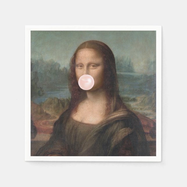 Mona Lisa som blåser rosa bubbelgum    Pappersservett (Framsidan)