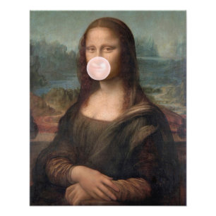 Mona Lisa som blåser rosa tuggummibubbla Fototryck