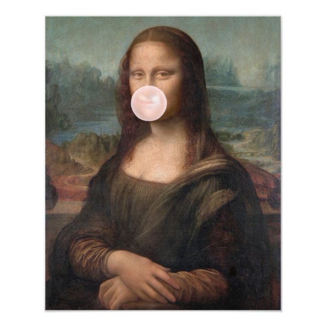Mona Lisa som blåser rosa tuggummibubbla  Fototryck (Framsidan)