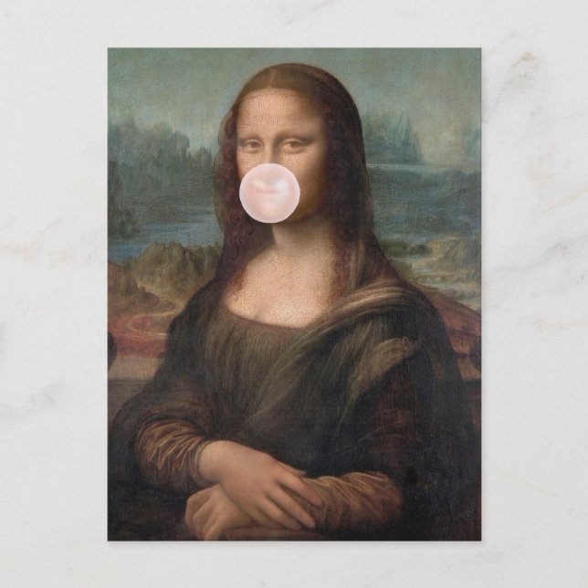 Mona Lisa som blåser rosa tuggummibubbla  Vykort (Framsida)