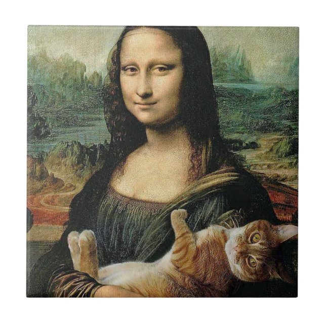 Mona Lisa som håller sin katt Leonardo da Vinci Kakelplatta (Framsidan)