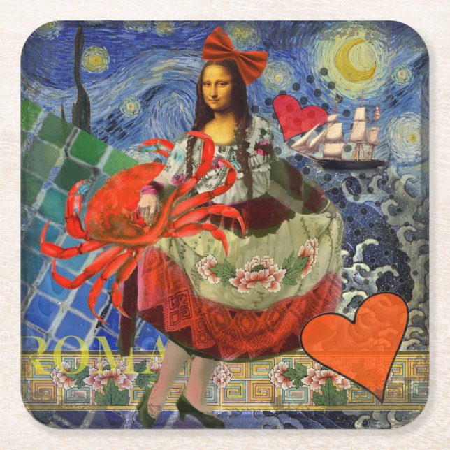 Mona Lisa Stjärnkollage: Whimsical Surreal  Underlägg Papper Kvadrat (Framsidan)
