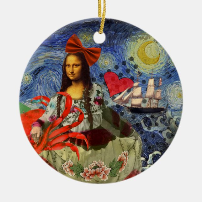 Mona Lisa Stjärnkväll Kollage: Whimsisk Surrealism Julgransprydnad Keramik (Framsidan)