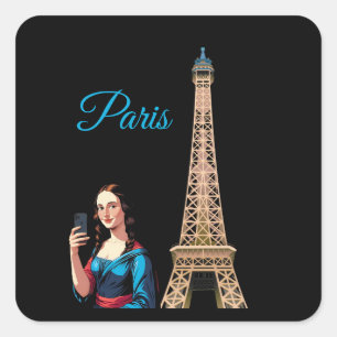 MONA LISA TAR SELFIE SURREALISTISK PARIS FYRKANTIGT KLISTERMÄRKE