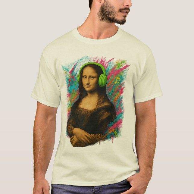Mona Lisa with Headphones – Neon Graffiti Style on T Shirt (Framsida)