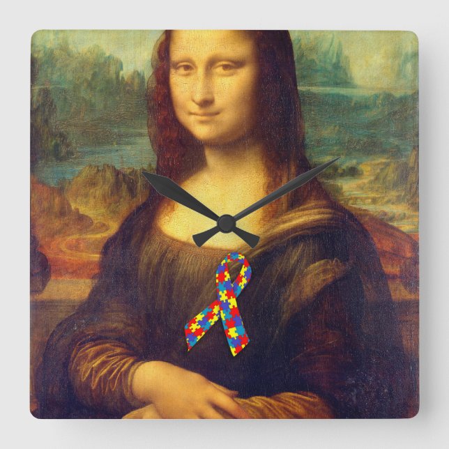 Mona Lisa with Puzzle Ribbon Fyrkantig Klocka (Framsida)