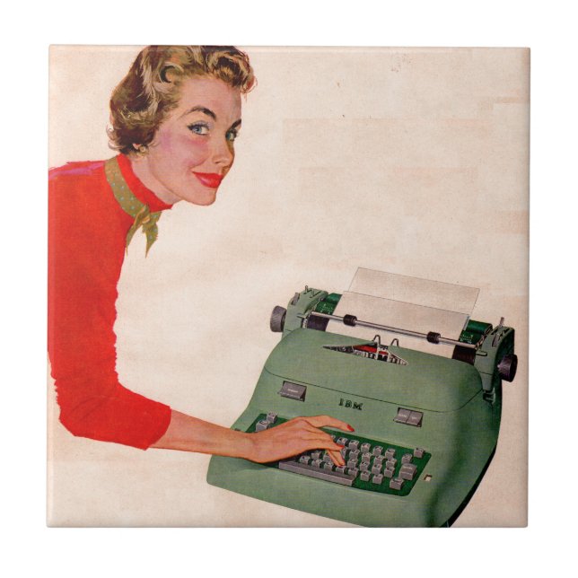 Mona och hennes nya skrivmaskin kakelplatta (Framsidan)