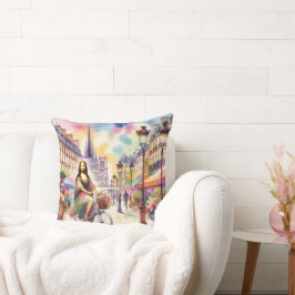 Mona with bicycle in Paris Throw Pillow Kudde