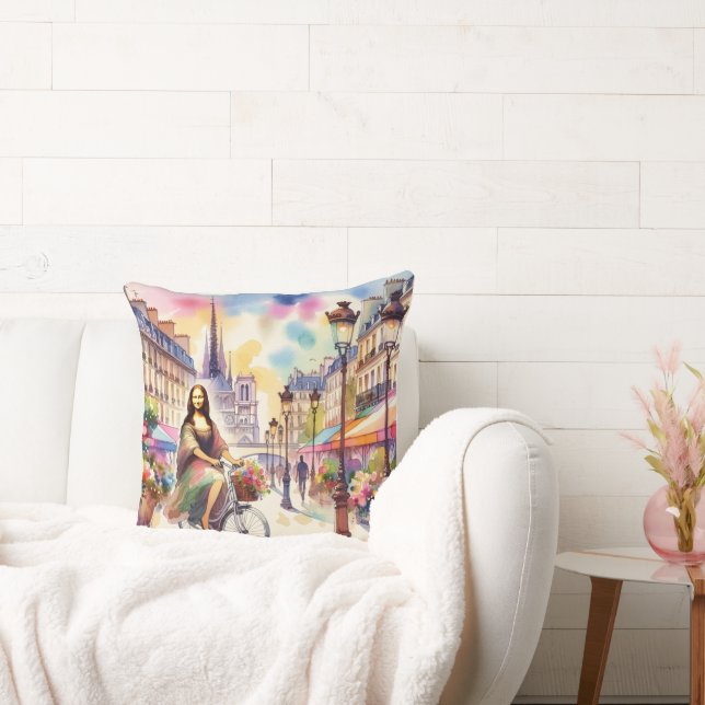 Mona with bicycle in Paris Throw Pillow Kudde (Soffa)