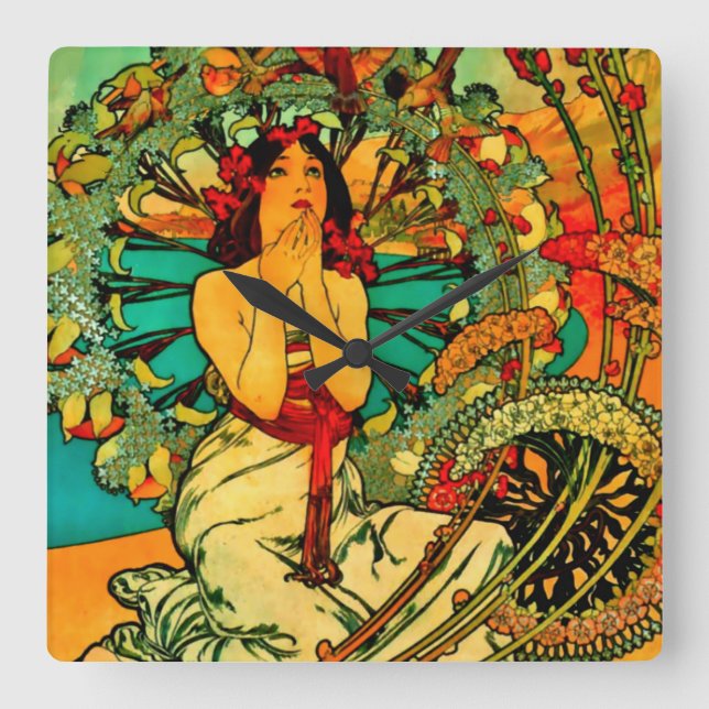 Monaco Monte Carlo Affisch av Alphonse Mucha Fyrkantig Klocka (Framsida)