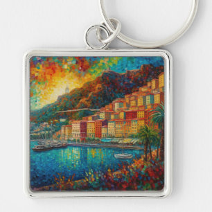Monaco, Monte-Carlo Bay i van Gogh stil Fyrkantig Silverfärgad Nyckelring