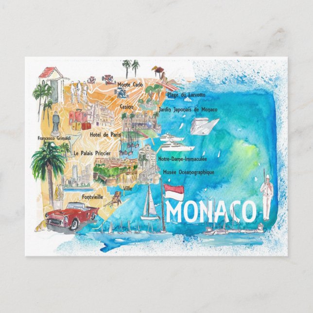 Monaco Monte Carlo Illustrated Karta med Landmarks Vykort (Framsida)