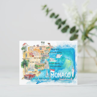 Monaco Monte Carlo Illustrated Karta med Landmarks Vykort