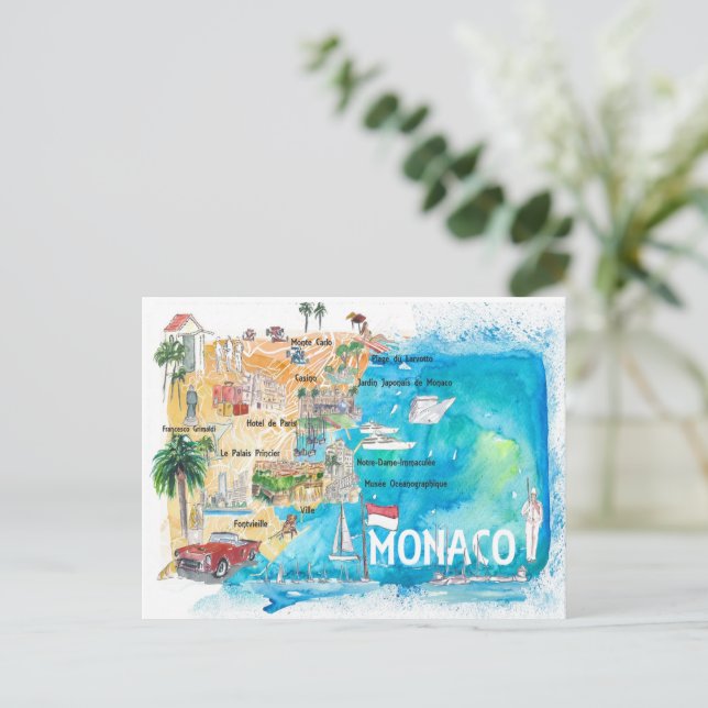 Monaco Monte Carlo Illustrated Karta med Landmarks Vykort (Stående Fram)