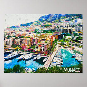 Monaco Oil Paint Marina Yacht Port Poster