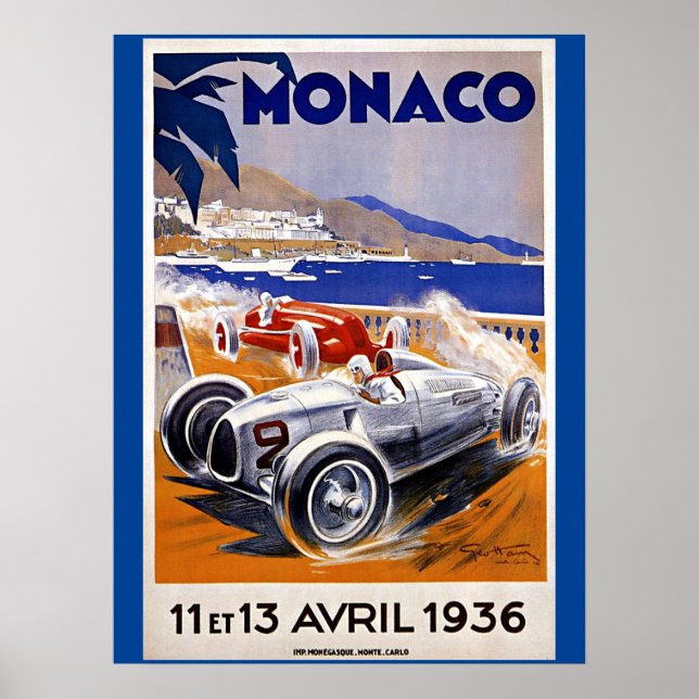 Monaco-reseaffisch, 1936 auto tävling, poster (Framsidan)