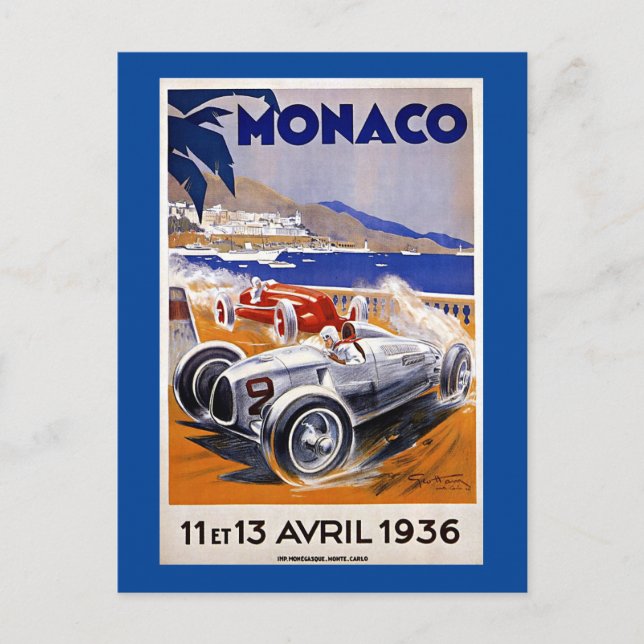 Monaco-reseaffisch, 1936 auto tävling, vykort (Framsida)