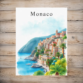 Monaco Watercolor Retro Travel Art Vykort