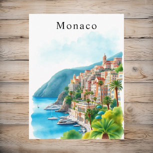Monaco Watercolor Retro Travel Art Vykort